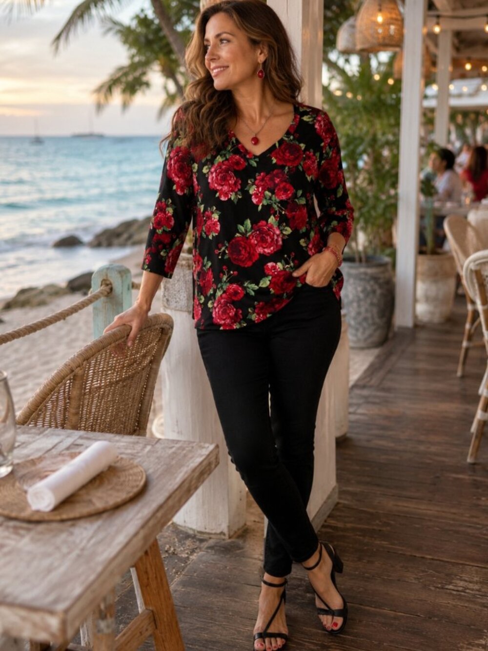 The Pioneer Woman Boho Floral Black Red 3/4 Sleeve soft pullover top 3X